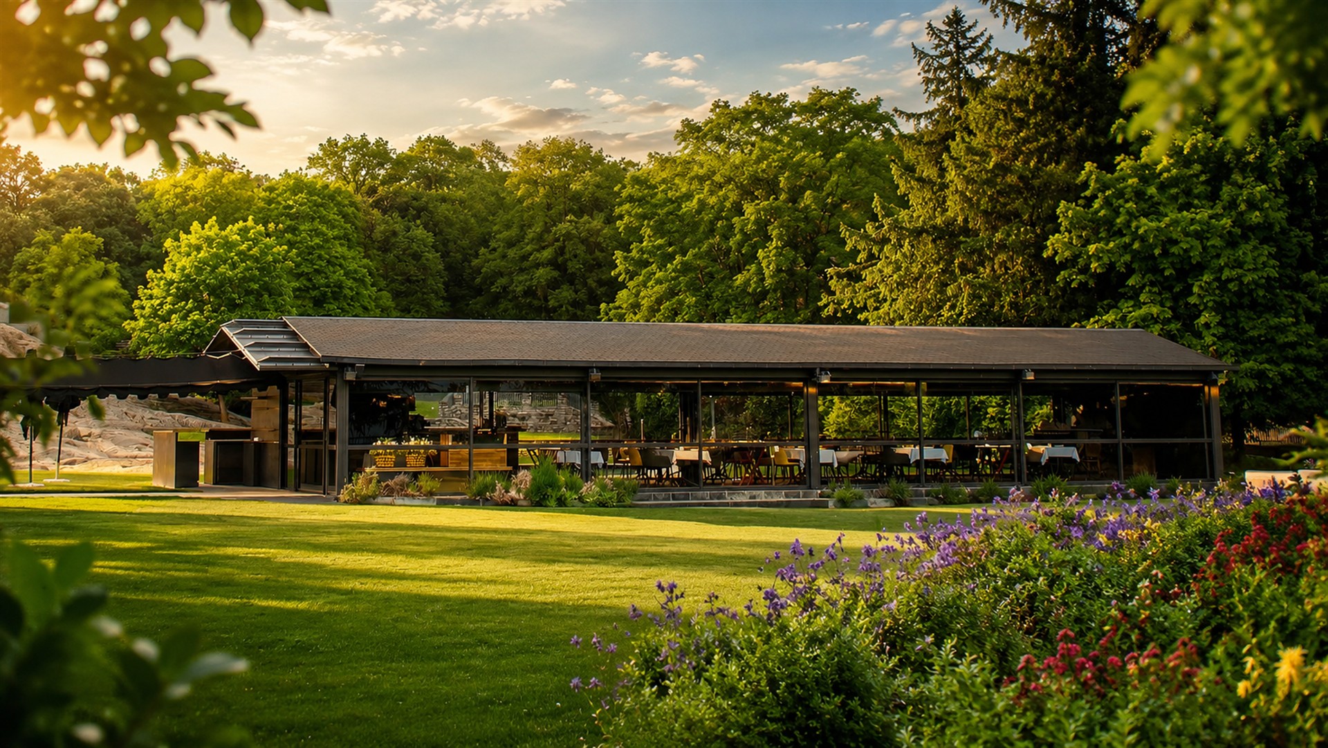 La Pérgola vista de costado en los jardines del Andorra Park Hotel al atardecer