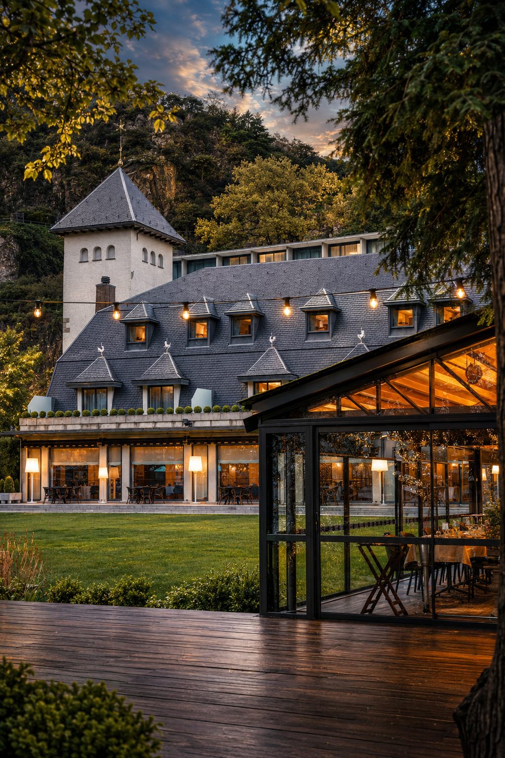 Fachada del hotel y la pérgola sobre los jardines
