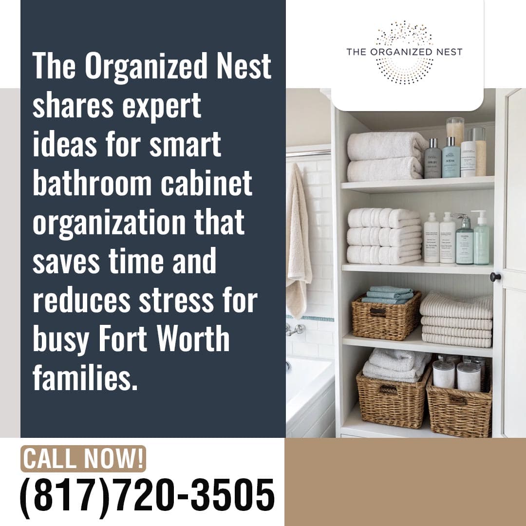 Organized bathroom cabinet with neatly folded towels, baskets, and toiletries alongside promotional text. Organized bathroom cabinet with neatly folded towels, baskets, and toiletries alongside promotional text.