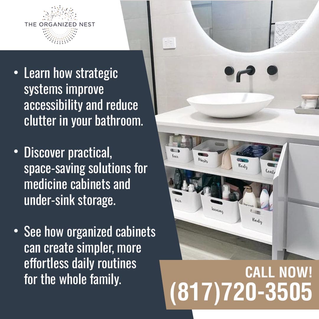 Organized bathroom vanity with labeled bins and storage under the sink promoting home organization tips. Organized bathroom vanity with labeled bins and storage under the sink promoting home organization tips.