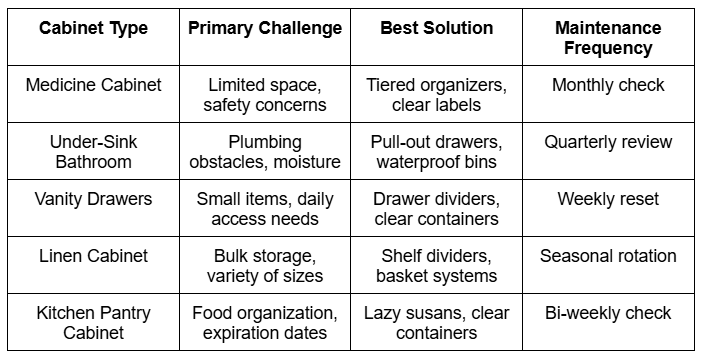 Table showing cabinet organization solutions for bathroom, pantry, and storage spaces with maintenance tips. Table showing cabinet organization solutions for bathroom, pantry, and storage spaces with maintenance tips.