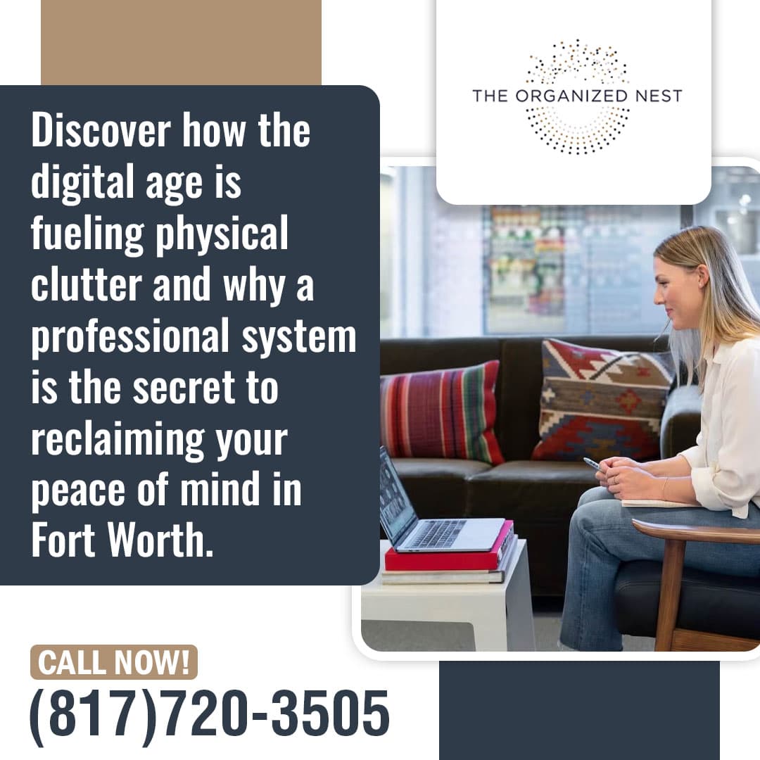 The Organized Nest graphic showing a woman using a laptop, highlighting the connection between digital clutter and physical clutter