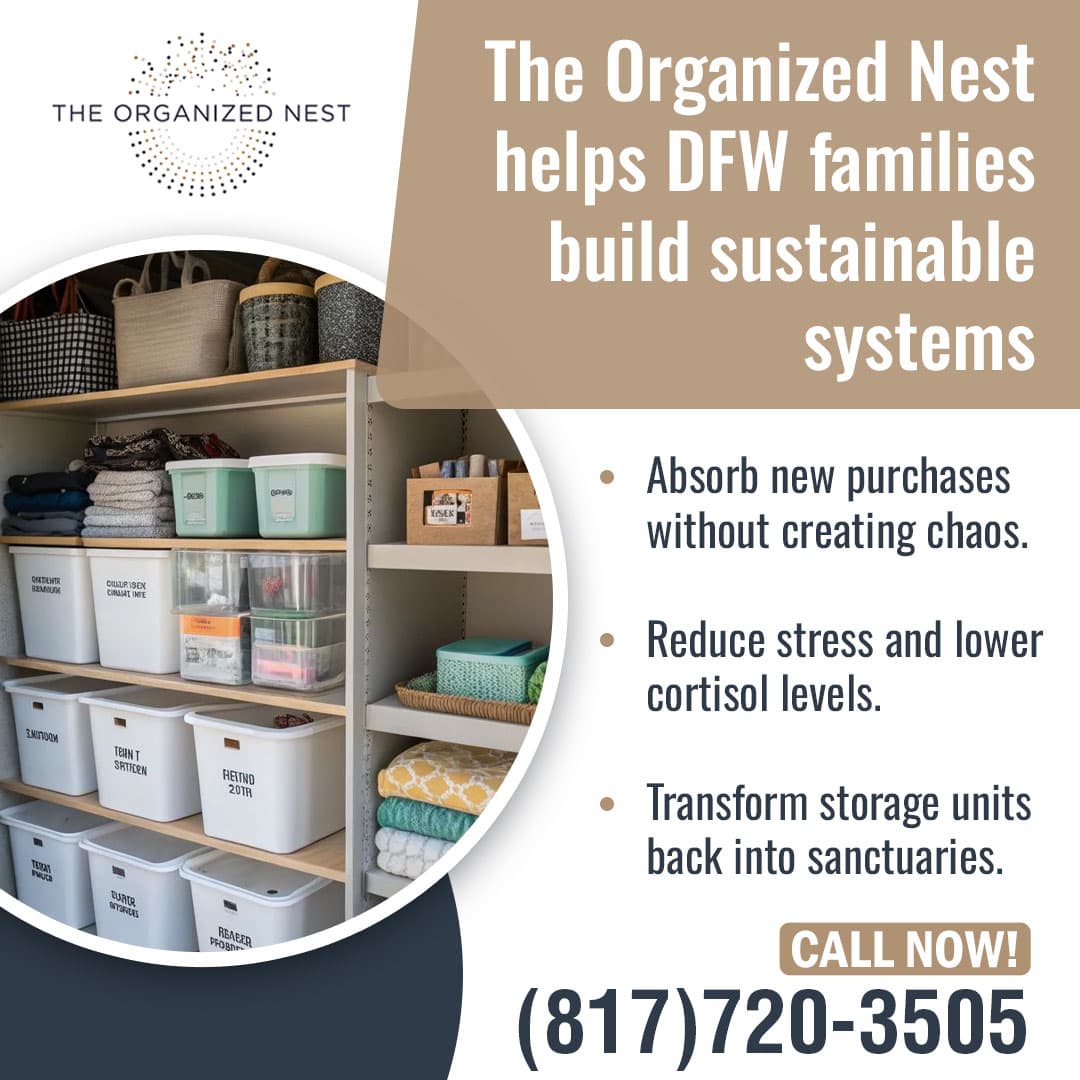 The Organized Nest graphic showing neatly organized storage shelves with labeled bins promoting sustainable home organization systems