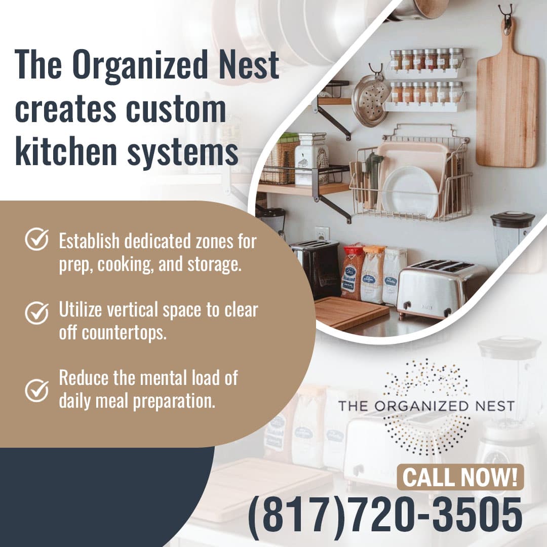 Custom kitchen organization system in Fort Worth with shelves, racks, and decluttered countertops by The Organized Nest