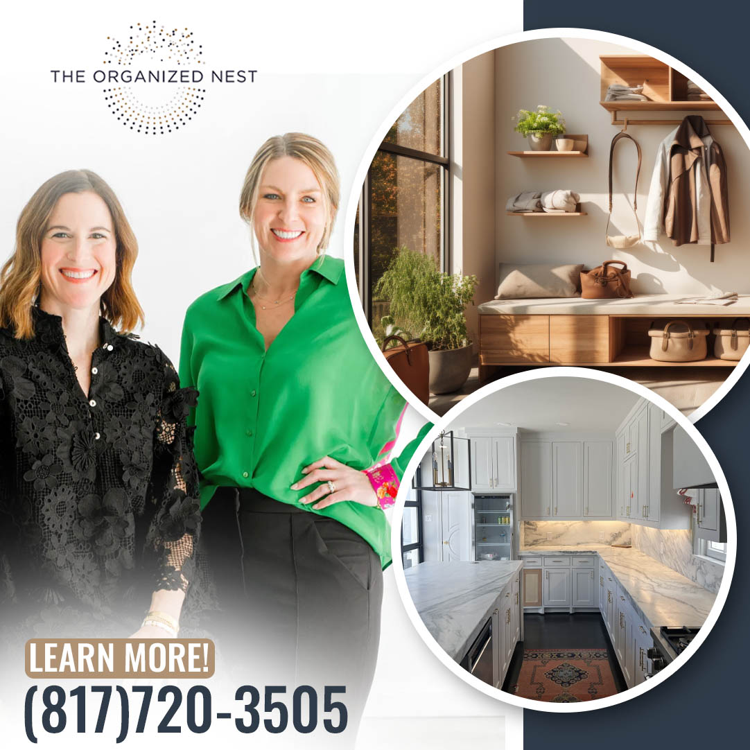 Two professional organizers posed alongside images of an organized mudroom and a bright white kitchen