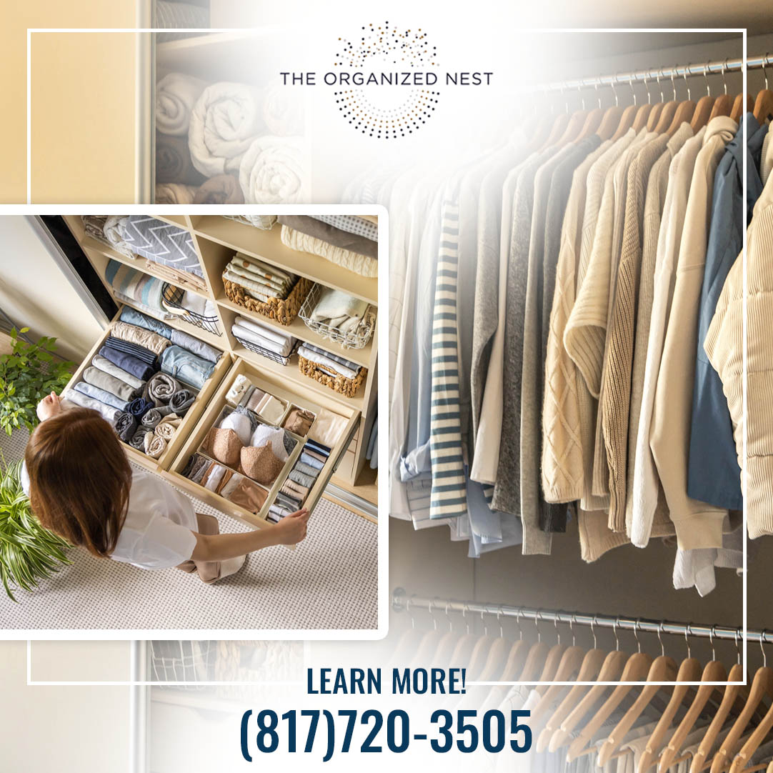 Collage of neatly organized closet drawers, folded linens, and color-coordinated hanging clothing Collage of neatly organized closet drawers, folded linens, and color-coordinated hanging clothing