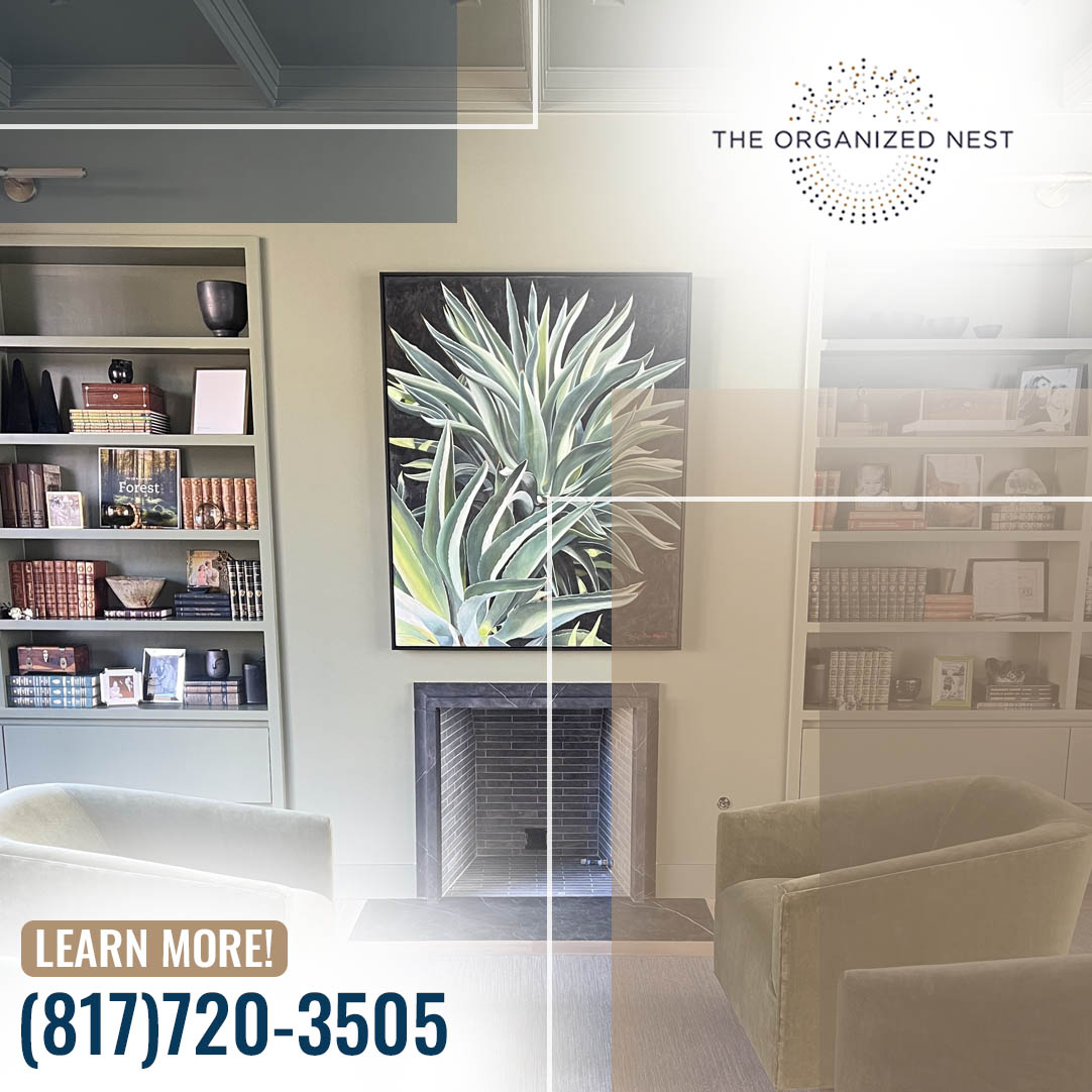 Sophisticated living room with curated built-in bookshelves, a dark fireplace, and a large agave plant painting Sophisticated living room with curated built-in bookshelves, a dark fireplace, and a large agave plant painting