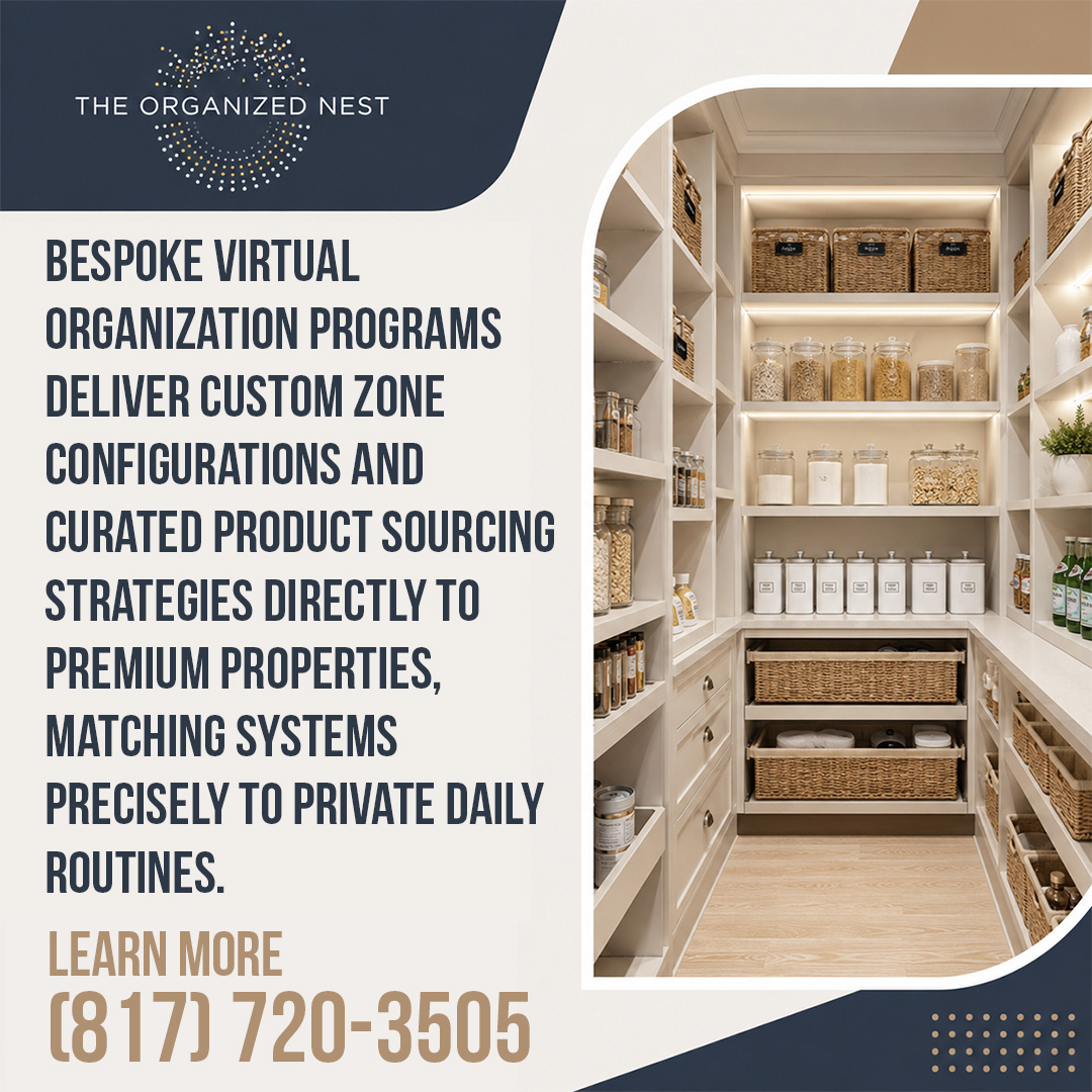Beautifully organized walk-in pantry featuring labeled containers, woven baskets, and custom storage systems designed for everyday convenience.