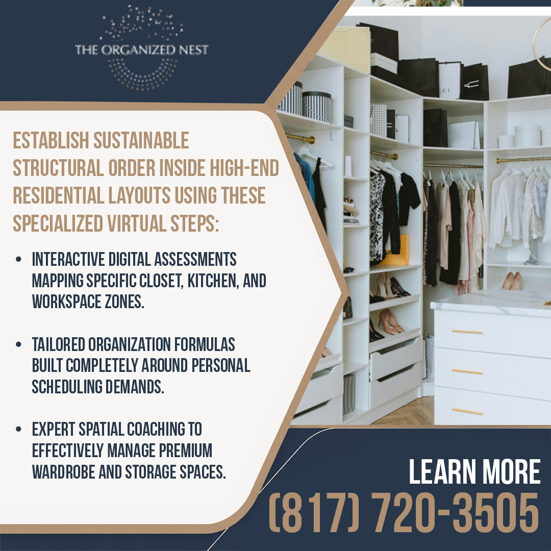 Custom walk-in closet with organized clothing, shelving, drawers, and storage solutions designed through a personalized virtual organization program.