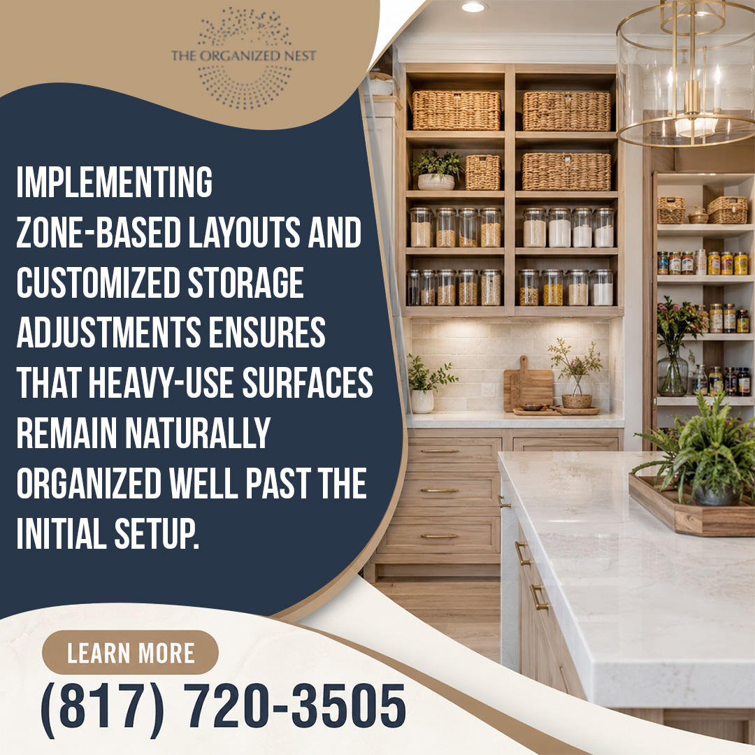 Beautifully organized kitchen pantry and cabinetry featuring labeled containers, woven baskets, and zone-based storage solutions. Beautifully organized kitchen pantry and cabinetry featuring labeled containers, woven baskets, and zone-based storage solutions.