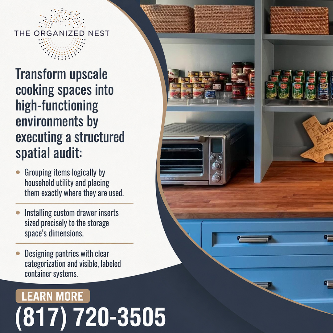 Organized kitchen pantry featuring labeled food storage containers, custom shelving, drawer organizers, and categorized pantry items. Organized kitchen pantry featuring labeled food storage containers, custom shelving, drawer organizers, and categorized pantry items.