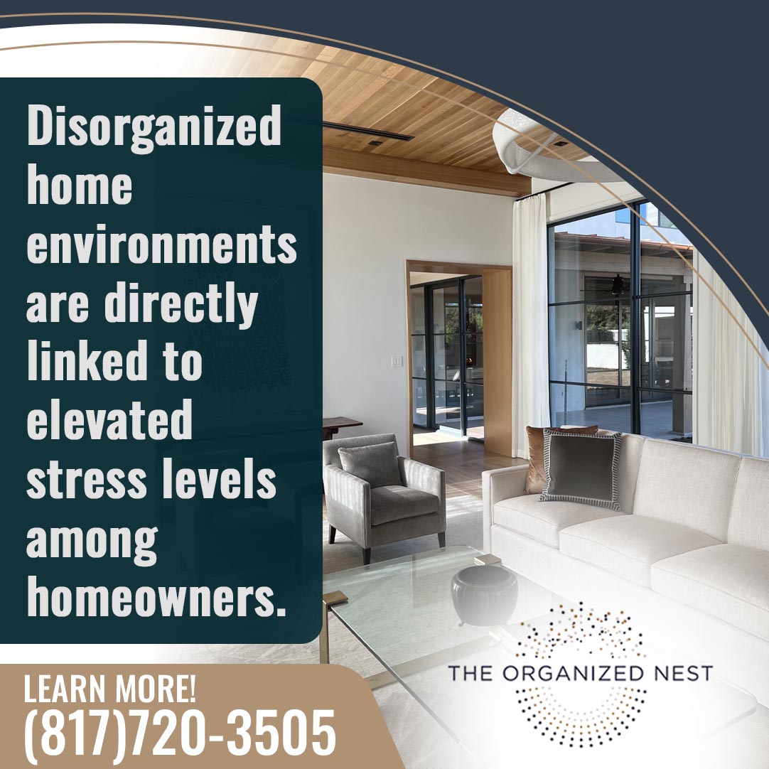 A beautifully organized modern living room with a white sofa and glass coffee table, paired with a promotional graphic from The Organized Nest explaining how clutter increases stress.