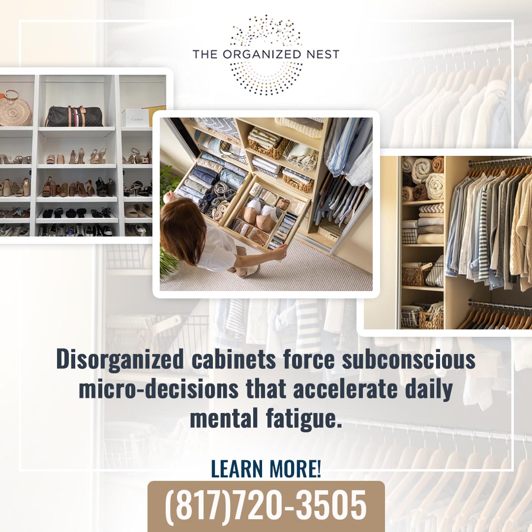 Organized closet spaces showing shoes on shelves, a woman arranging neatly folded clothes in drawer dividers, and hanging garments, displayed on a promotional graphic from The Organized Nest. Organized closet spaces showing shoes on shelves, a woman arranging neatly folded clothes in drawer dividers, and hanging garments, displayed on a promotional graphic from The Organized Nest.