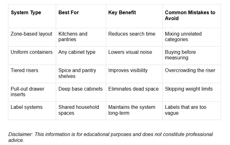 A comparison table outlining various cabinet organization systems, what they are best for, their key benefits, and common mistakes to avoid. A comparison table outlining various cabinet organization systems, what they are best for, their key benefits, and common mistakes to avoid.