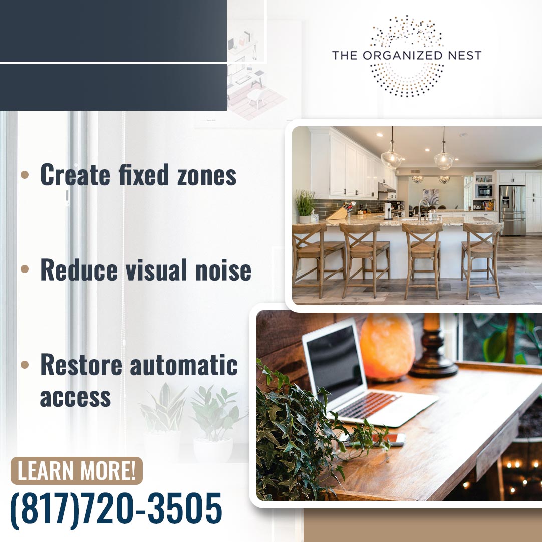 A tidy modern kitchen with barstools and an organized wooden home office desk set next to a home organization checklist from The Organized Nest. A tidy modern kitchen with barstools and an organized wooden home office desk set next to a home organization checklist from The Organized Nest.