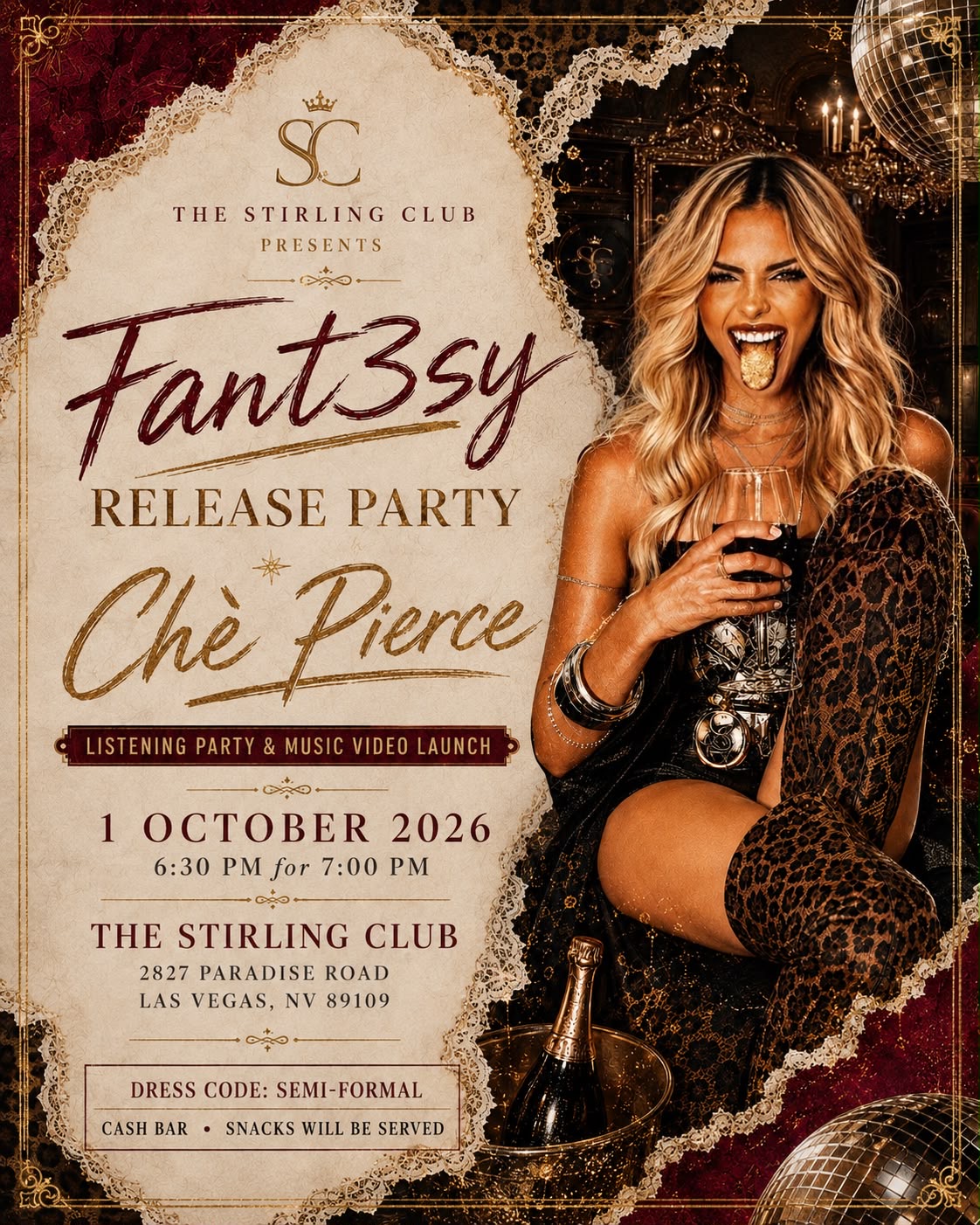 Fant3sy Release Party with Che Pierce, a listening party and music video launch at The Stirling Club, October 1, 2026
