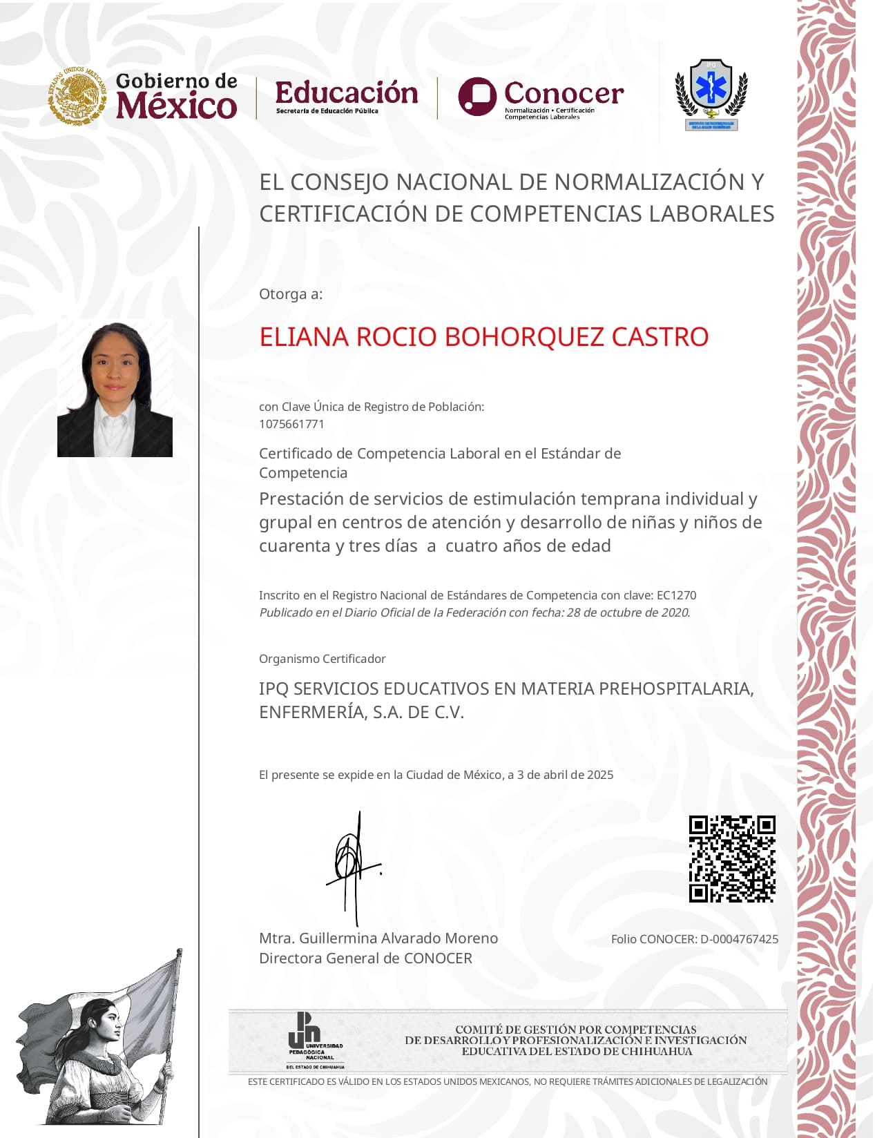 Certificado oficial EC1270 SEP-CONOCER de estimulación temprana