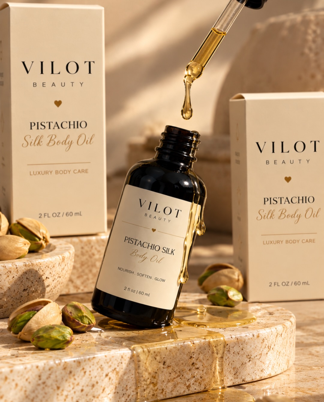 Frasco de Pistachio Silk con su etiqueta y sus cajas