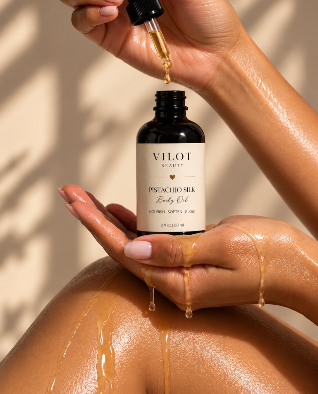 Gotero de Pistachio Silk Body Oil sobre la mano con aceite