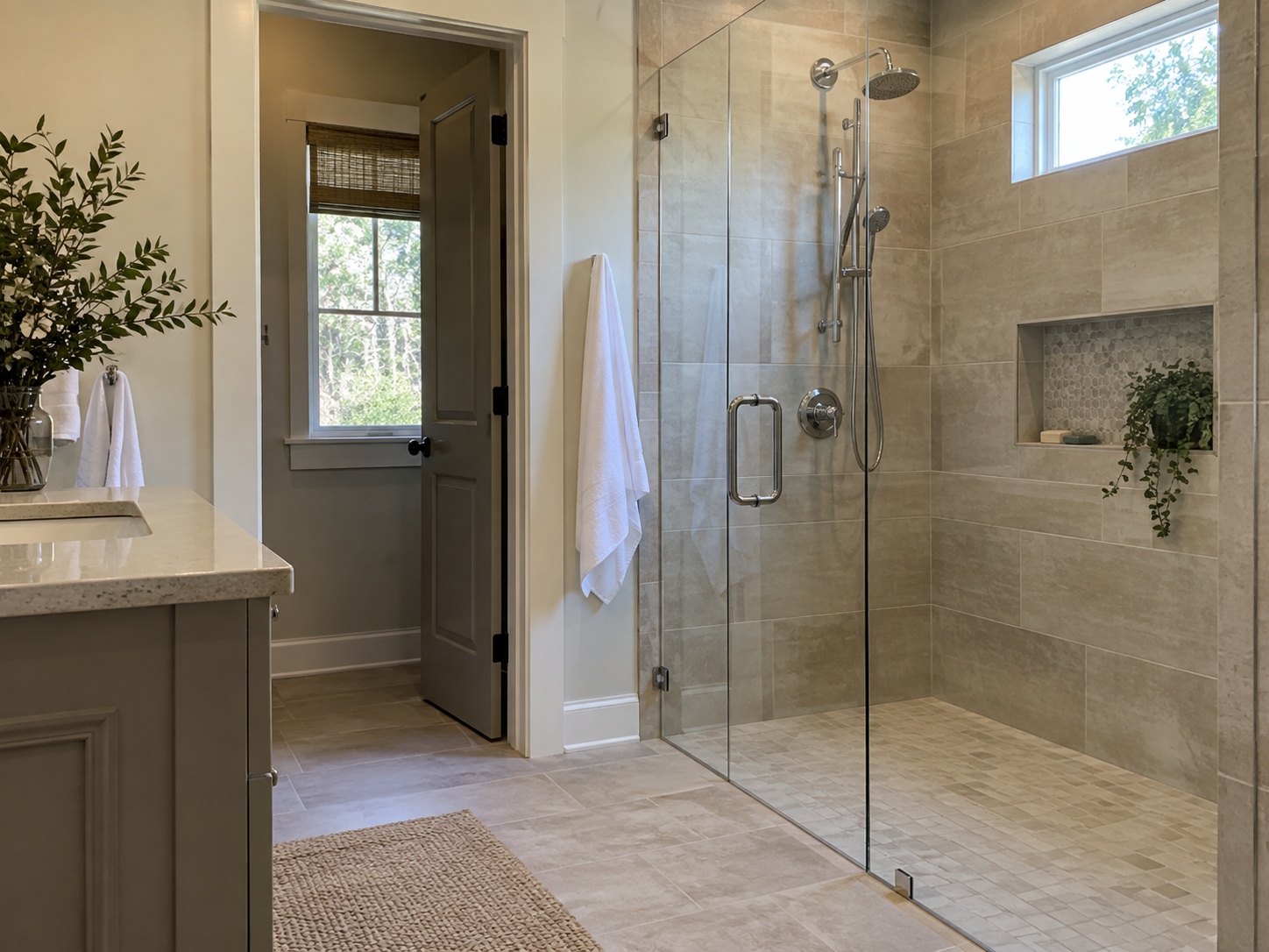 Walk-in tile shower with a glass enclosure in a remodeled bathroom