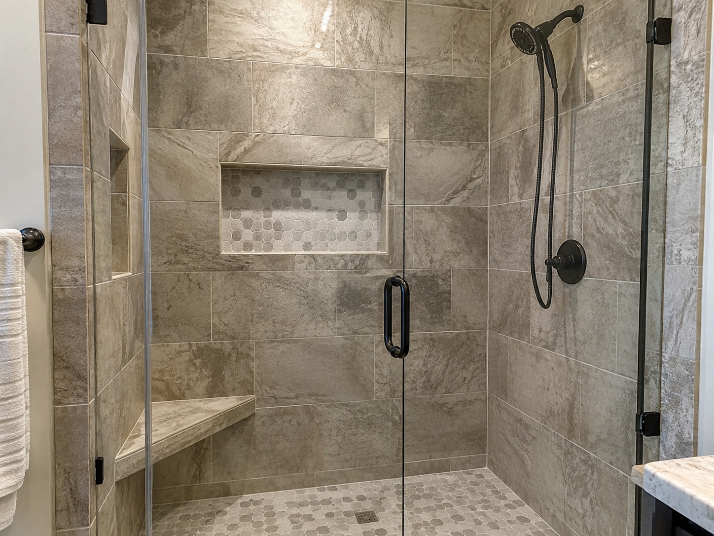 Tile shower with a built-in recessed niche and shower fixtures