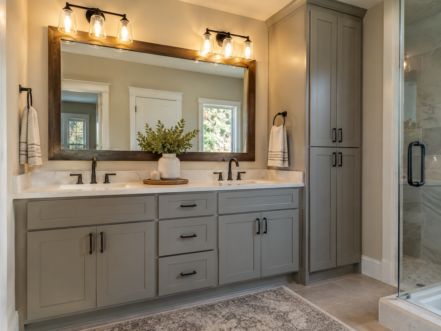 Bathroom vanity with custom cabinetry, framed mirror and linen tower