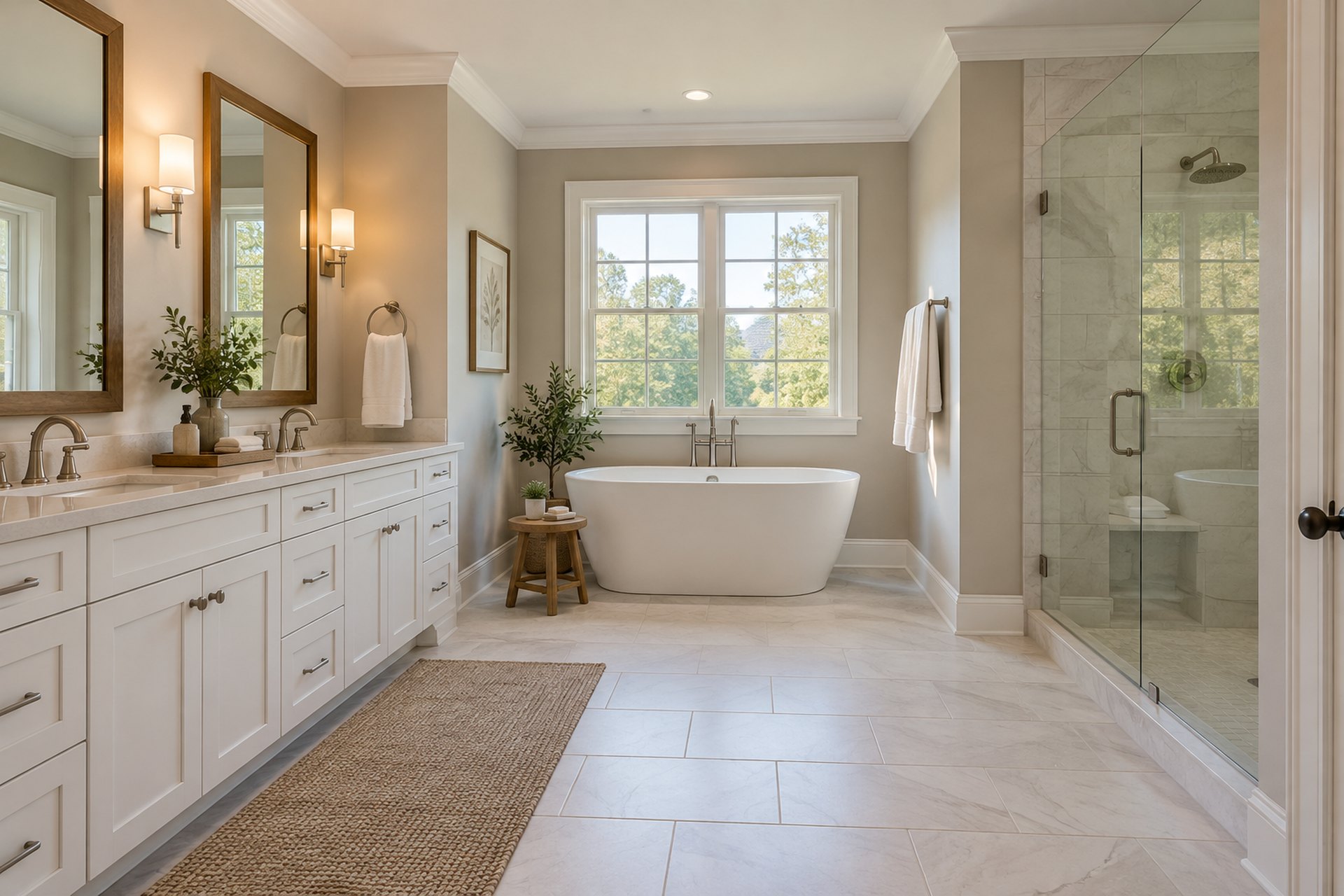 Remodeled master bathroom with a custom double vanity, freestanding tub and tiled walk-in shower