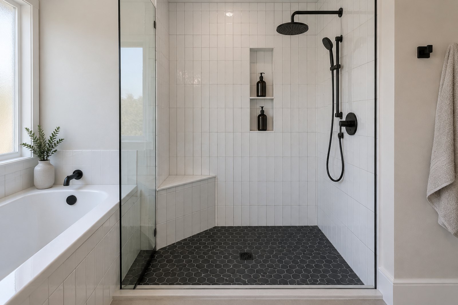 Walk-in tile shower with a glass panel, built-in bench and recessed niche beside a bathtub