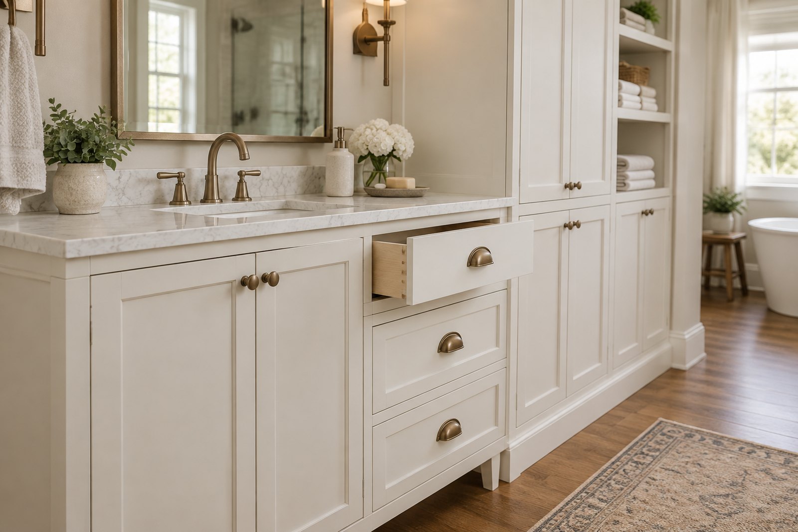 Custom-built bathroom vanity with dovetailed drawers and a built-in linen tower