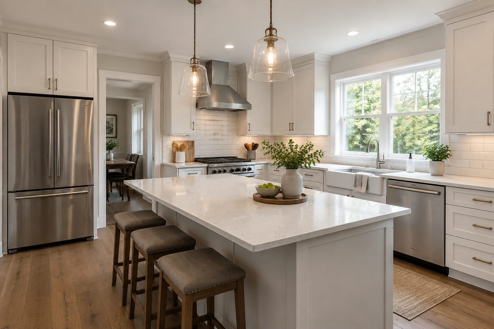 Remodeled kitchen with painted shaker cabinets, quartz countertops and an island