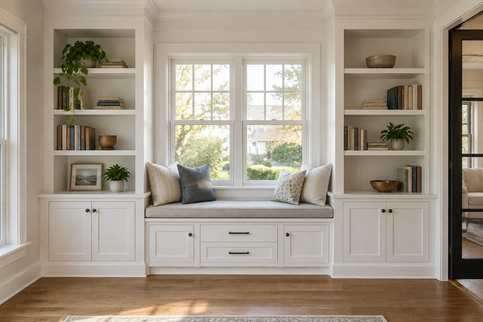 Custom white built-in bookcases and a cushioned window seat
