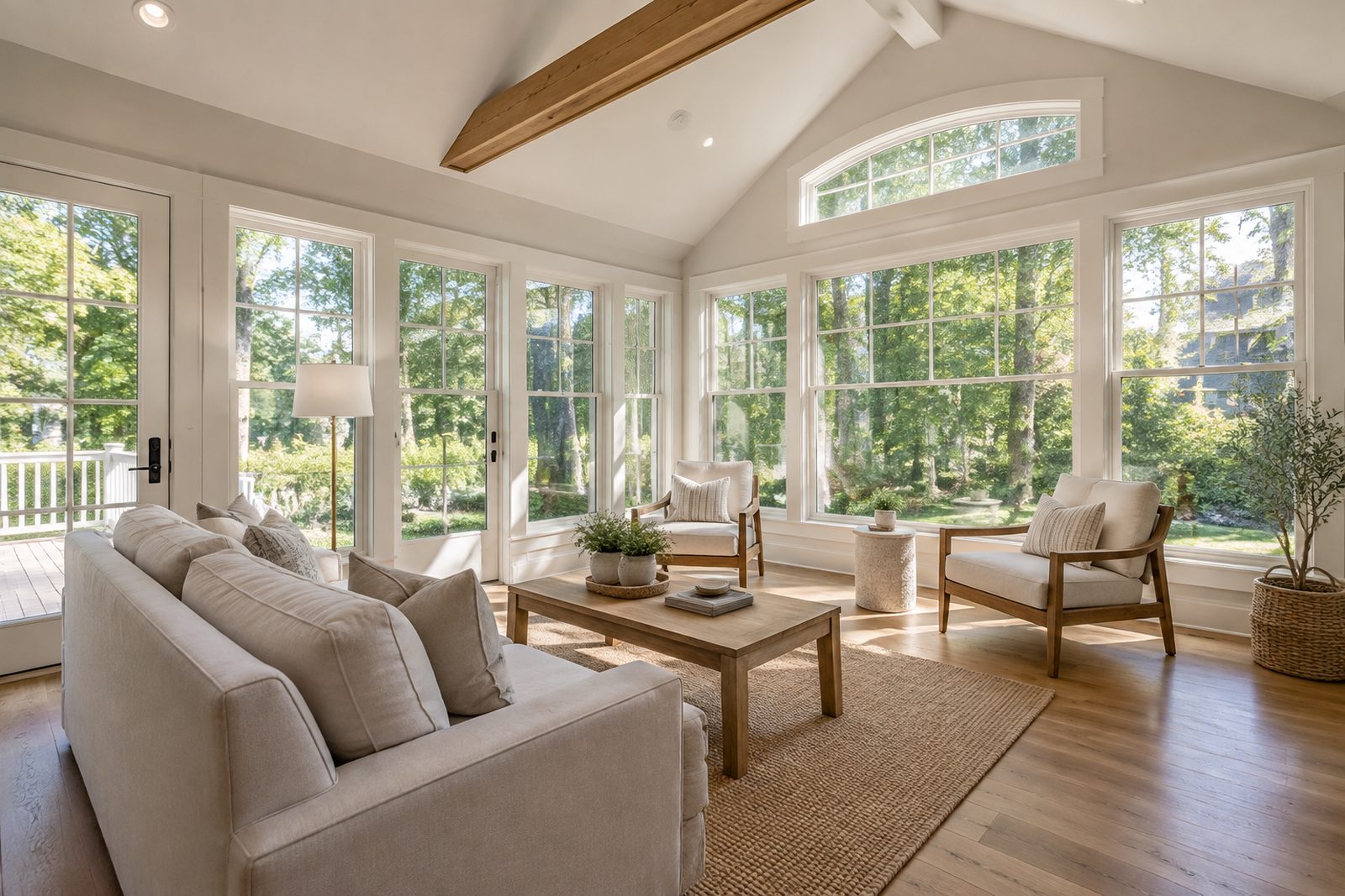 Sunroom addition with a vaulted, beamed ceiling and windows on three sides, opening onto new living space