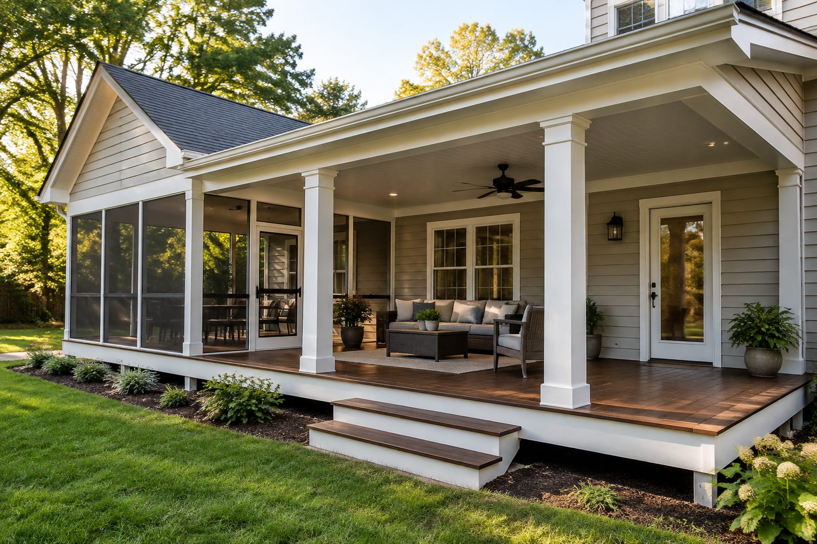 Home exterior with lap siding, white trim and a covered back porch