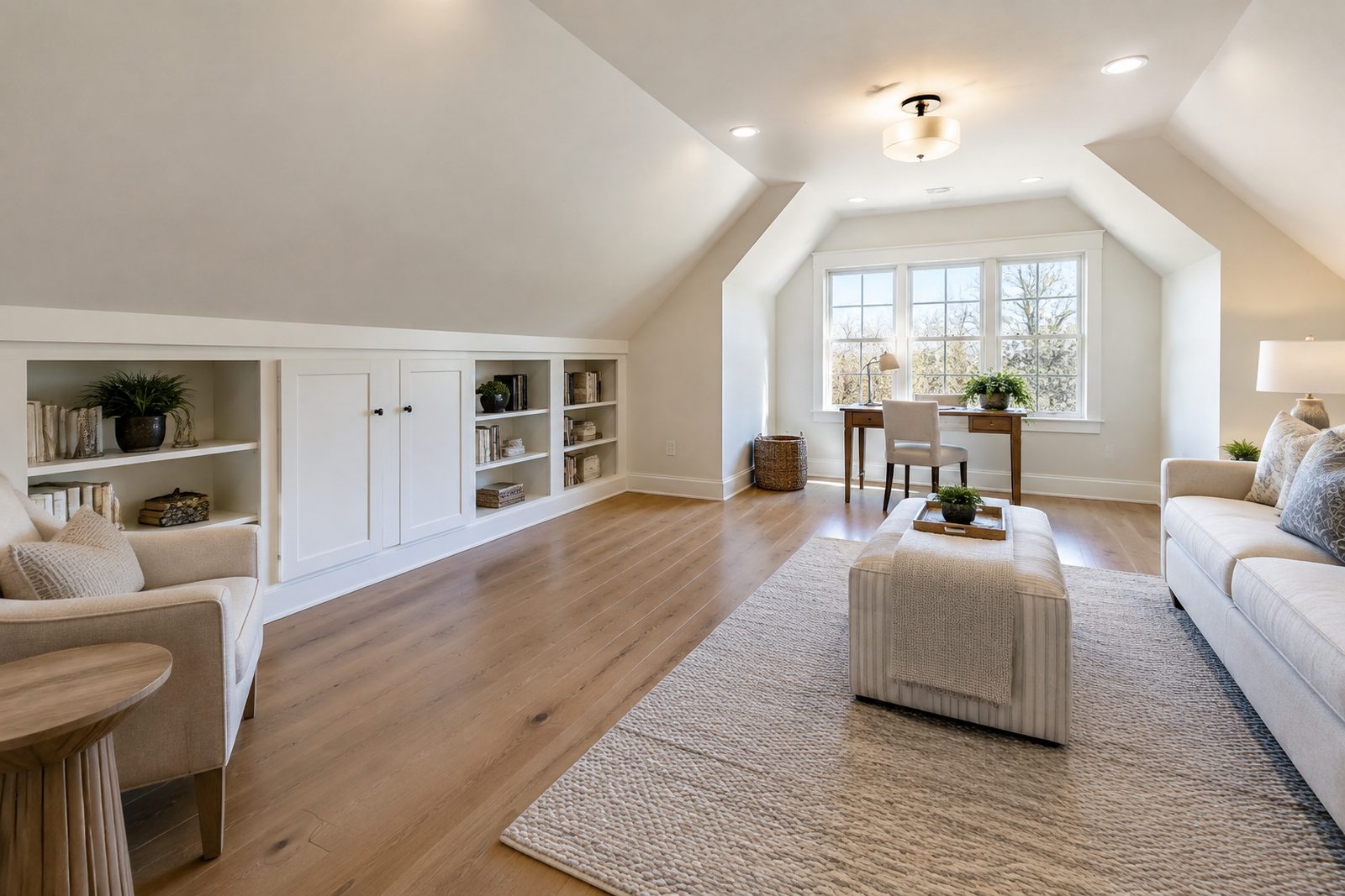 Finished bonus room above a garage with a dormer window and built-in storage