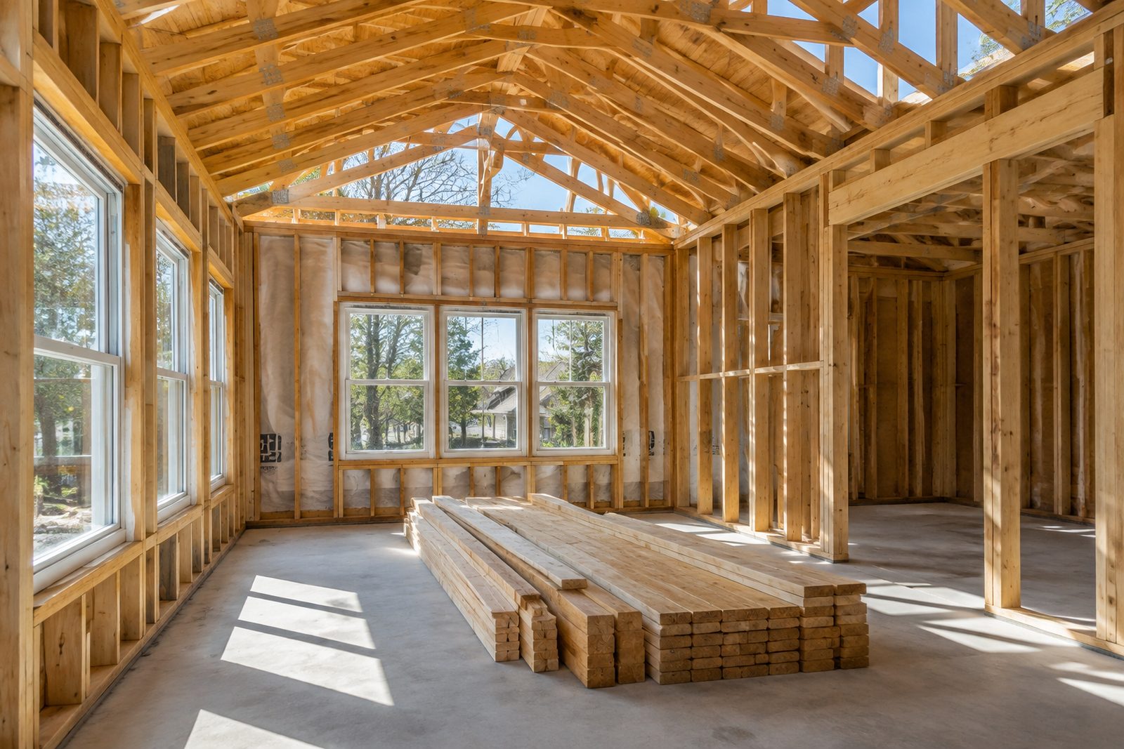 Room addition under construction with new framing, roof trusses and installed windows