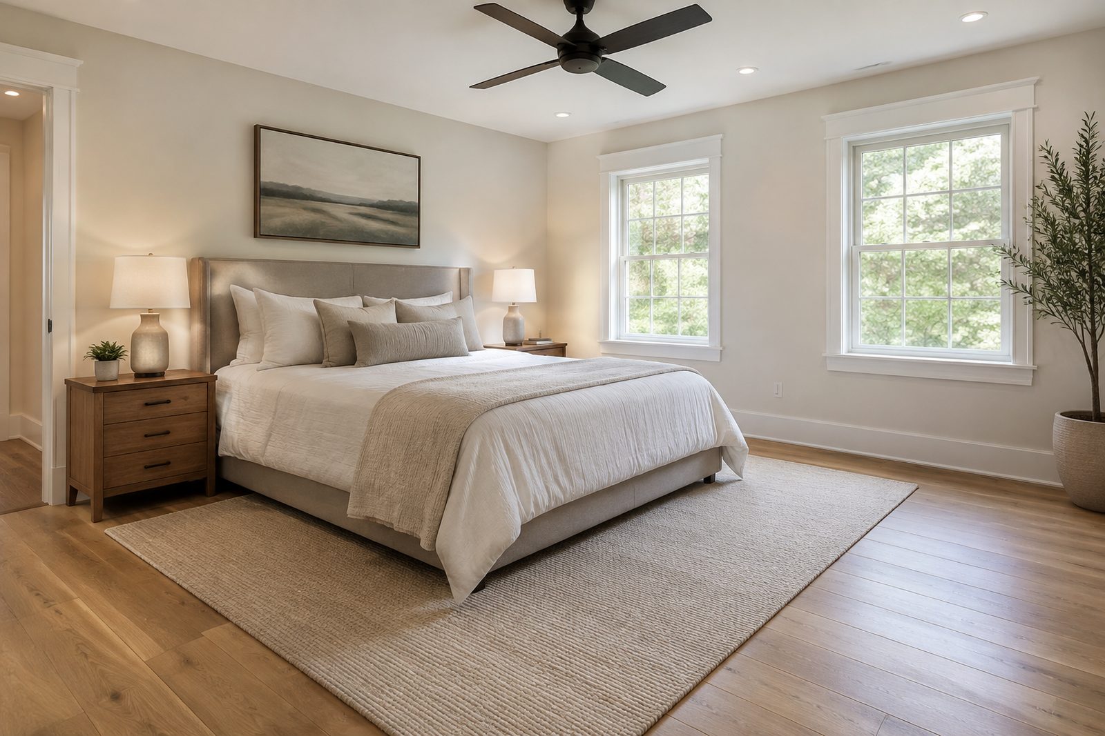Finished primary bedroom addition with wide-plank flooring and white trim
