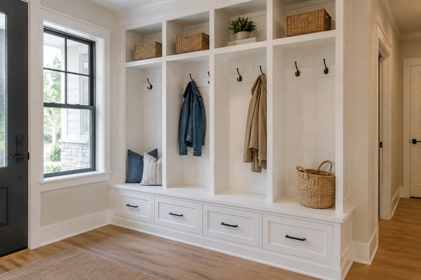 Custom mudroom locker unit with open cubbies, coat hooks and a bench seat with drawers