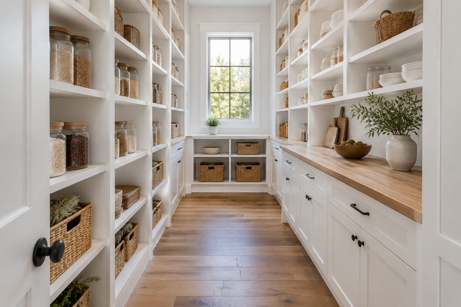 Custom walk-in pantry with floor-to-ceiling painted shelving and cabinets