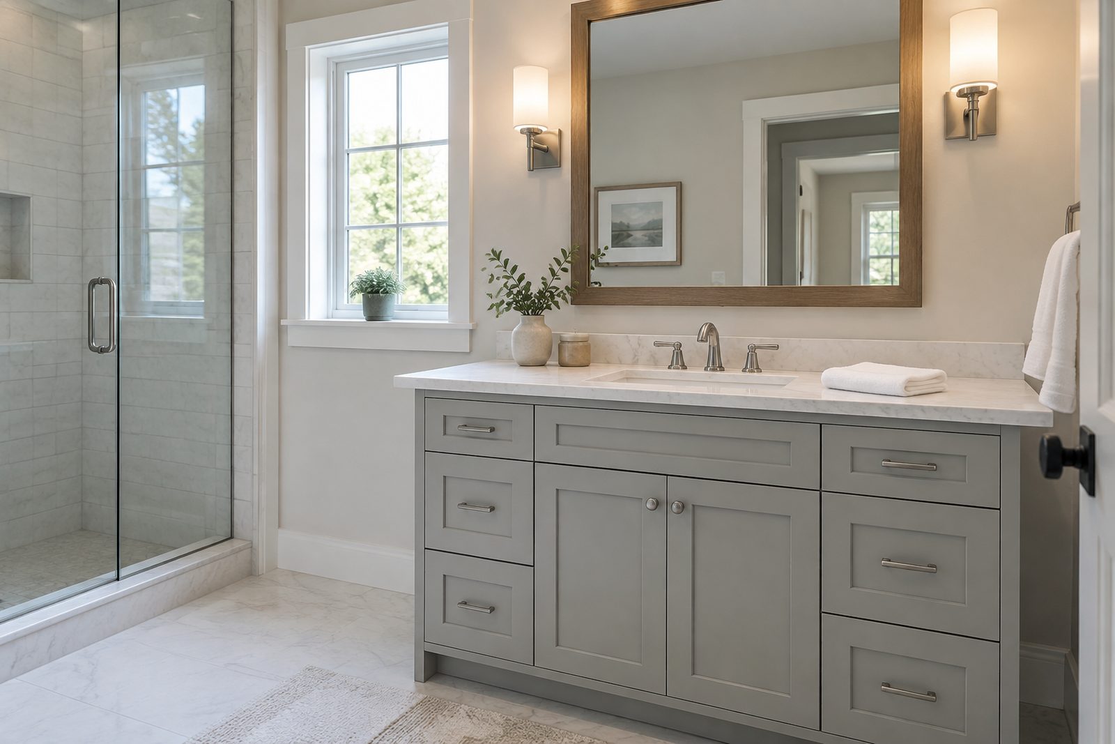 Custom bathroom vanity with painted shaker doors and a stone countertop