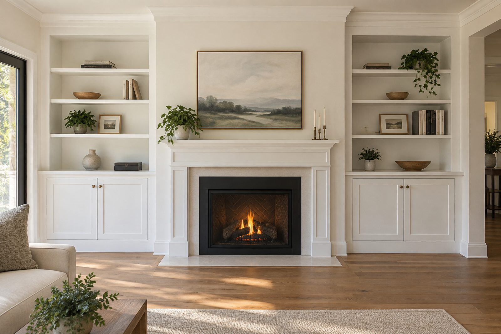Custom white built-in bookcases with shaker base cabinets flanking a fireplace