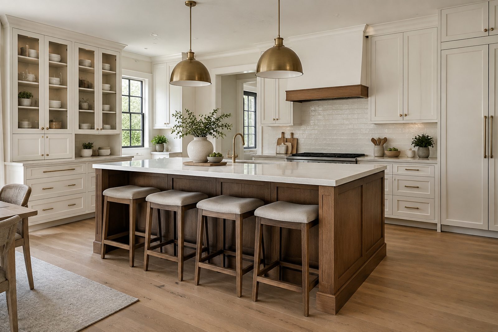Custom kitchen cabinetry with painted shaker doors, a stained island and quartz countertops