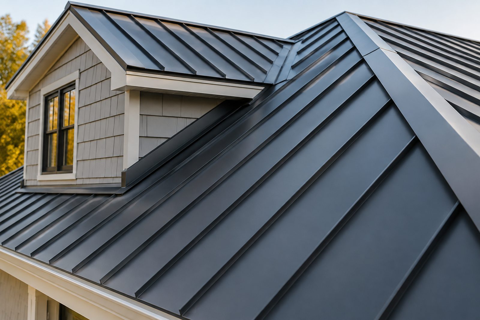 Standing-seam metal roof detail showing raised seams and ridge cap