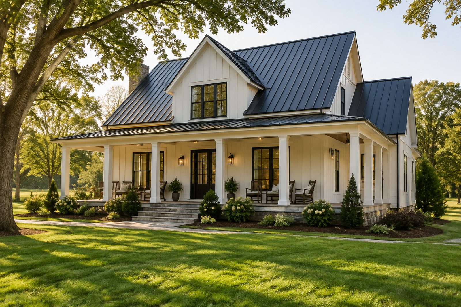 White farmhouse-style home with lap siding, painted trim and a dark metal roof