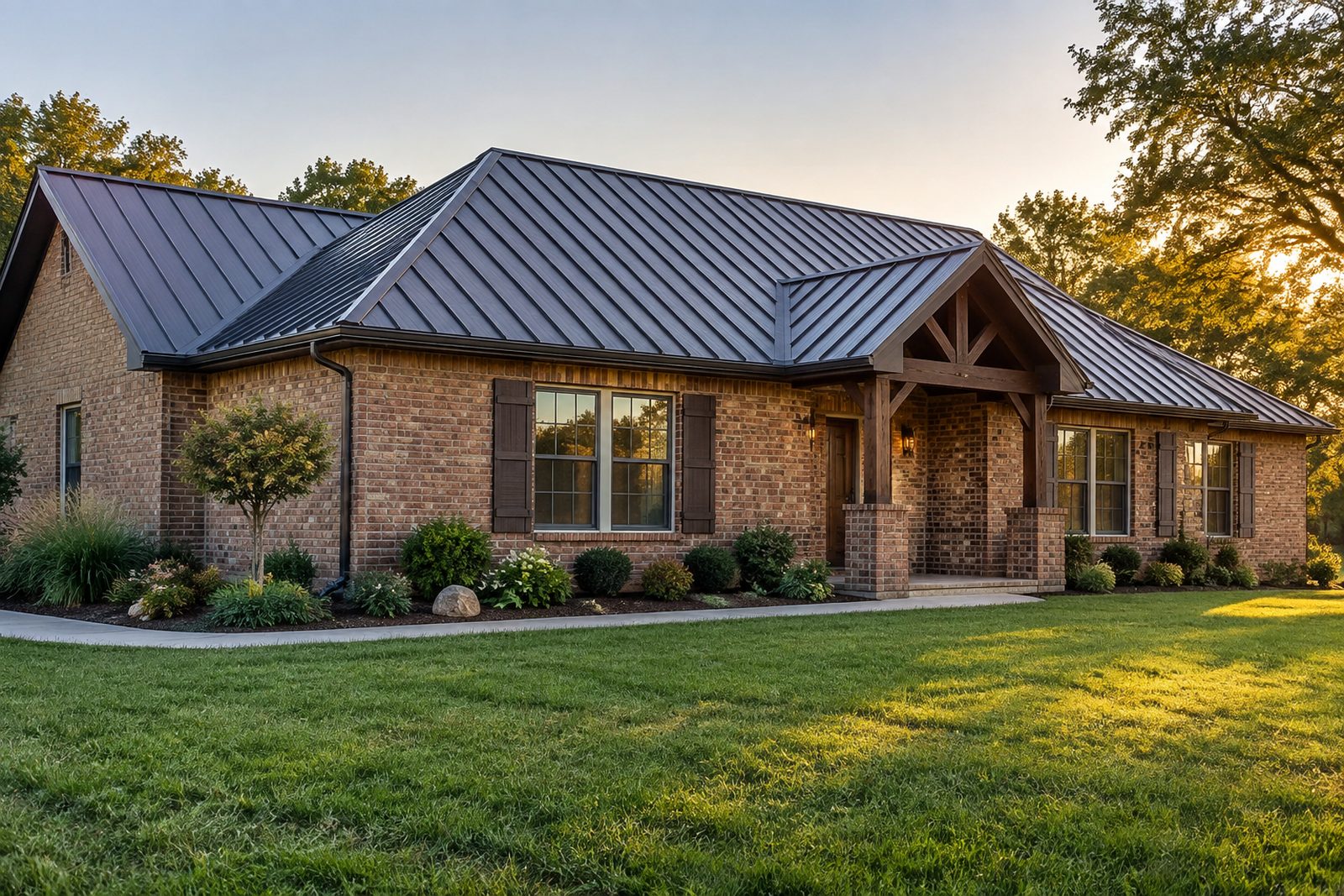 Brick ranch home with a dark standing-seam metal roof and new windows
