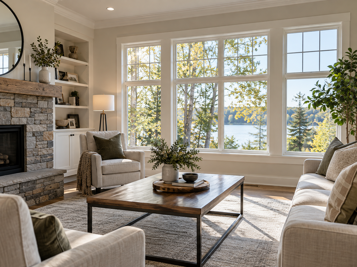 Remodeled living room with a stone fireplace, reclaimed-wood mantel, painted built-in shelving and continuous white trim around a wall of windows