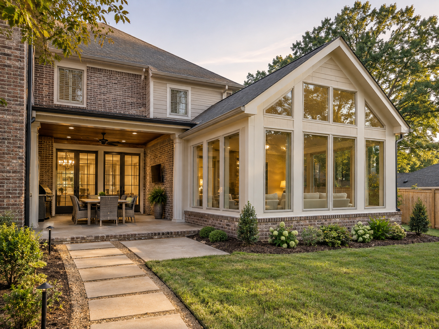 Brick home with a gabled sunroom addition, floor-to-ceiling windows and a covered porch, integrated into the original roofline
