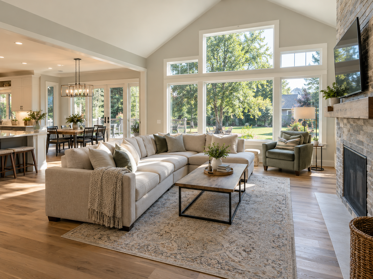 Remodeled great room with a vaulted ceiling, a wall of windows, a stone fireplace and an open kitchen and dining area