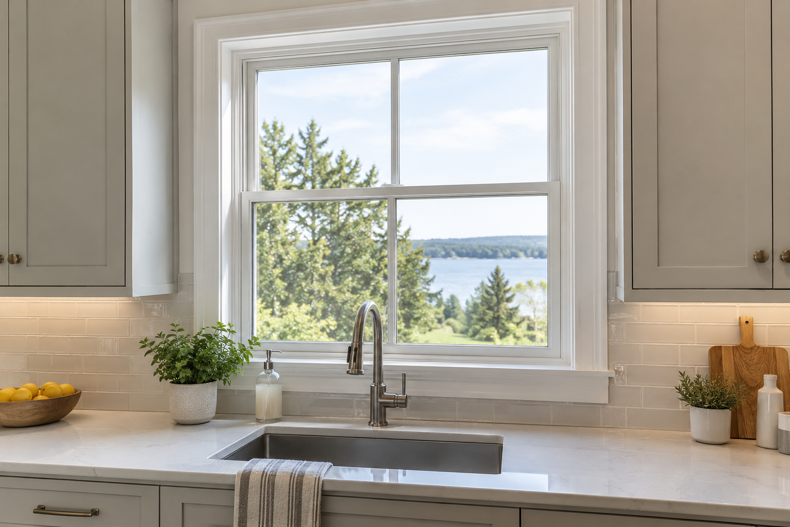 New double-hung window over a kitchen sink between painted shaker cabinets