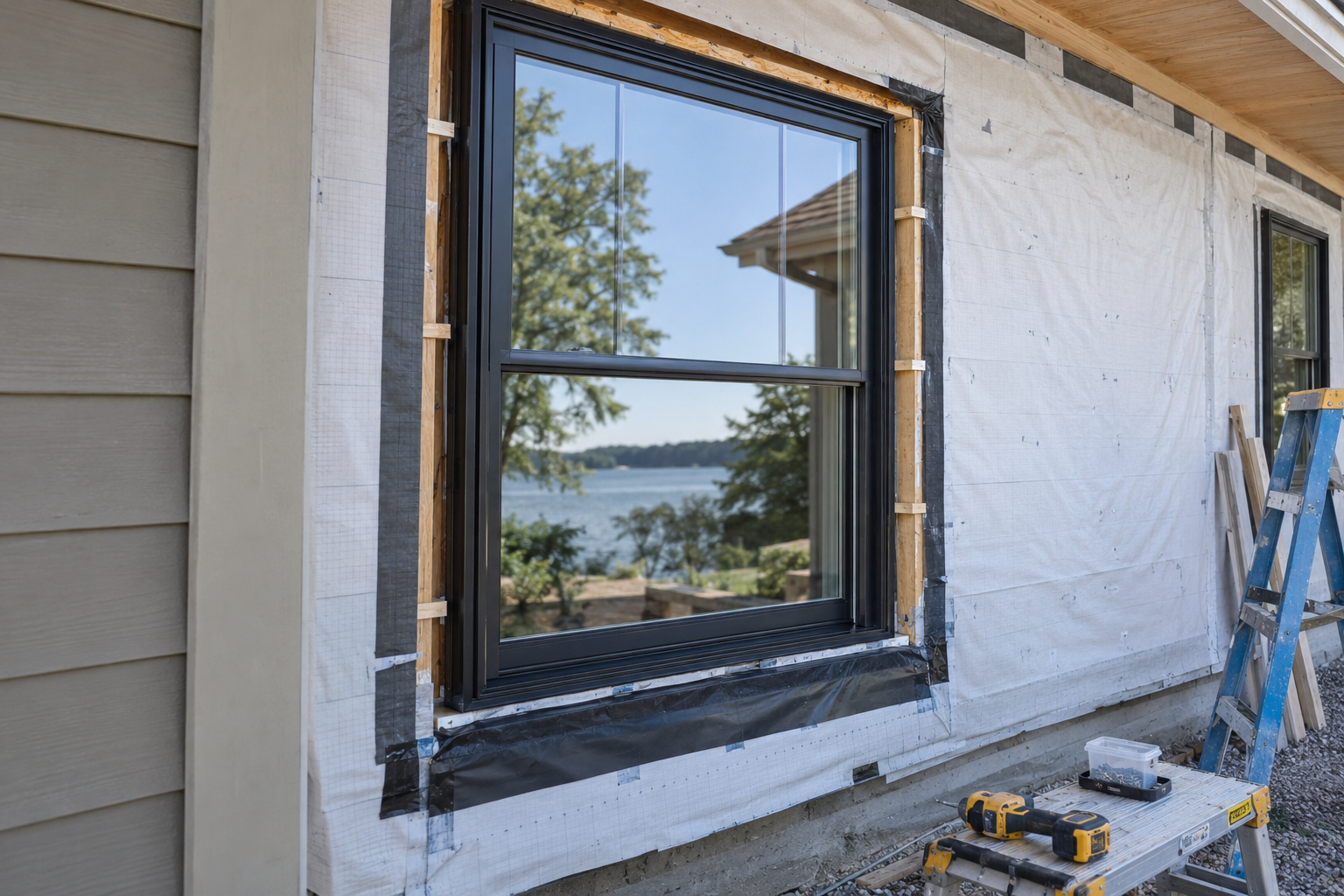 Replacement window set, shimmed and flashed in the rough opening before the exterior trim goes on