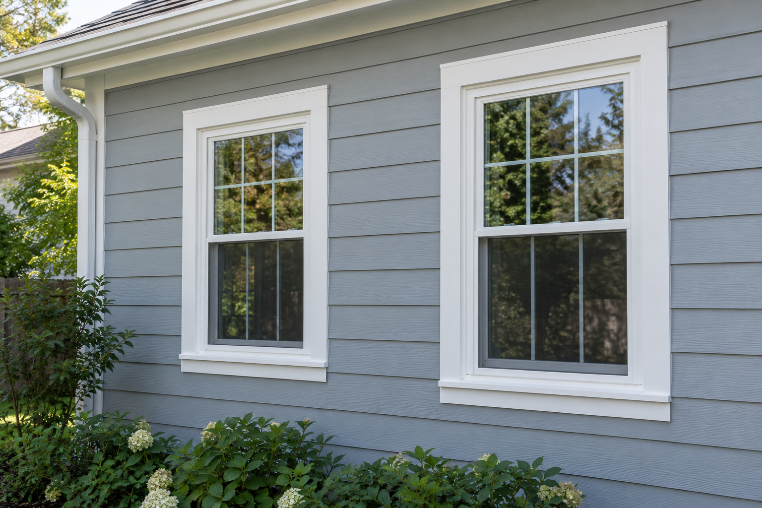 Two white replacement windows with new exterior casing and sills on a lap-siding wall